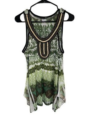 Lafiance Womens Green Lightweight Sleeveless Tribal Print Tank Top Beaded Boho